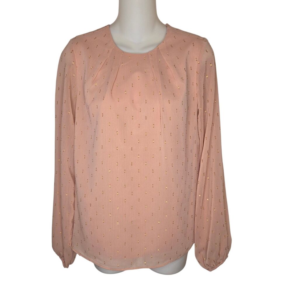 Express Pink Gold Metallic Clip Dot Pleated Front Long Sleeve Blouse Size Small